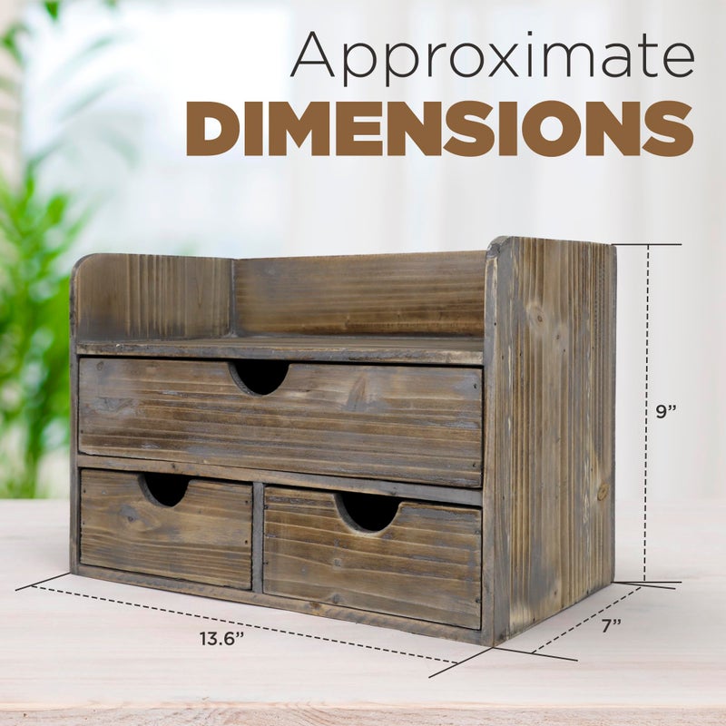 Besti Wooden Office Desk Organizer - Organizing Tool for Desktop, Cubicle, Bedroom, Kitchen - Vintage Style Organization Caddy with Top Tray Shelf & 3 Drawers - 13.6x9x7 Inches (Rustic) - Image 4